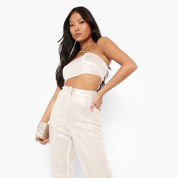 Ivory Sequin Strappy Cutout Crop Top Blouse - Picture 8 of 10